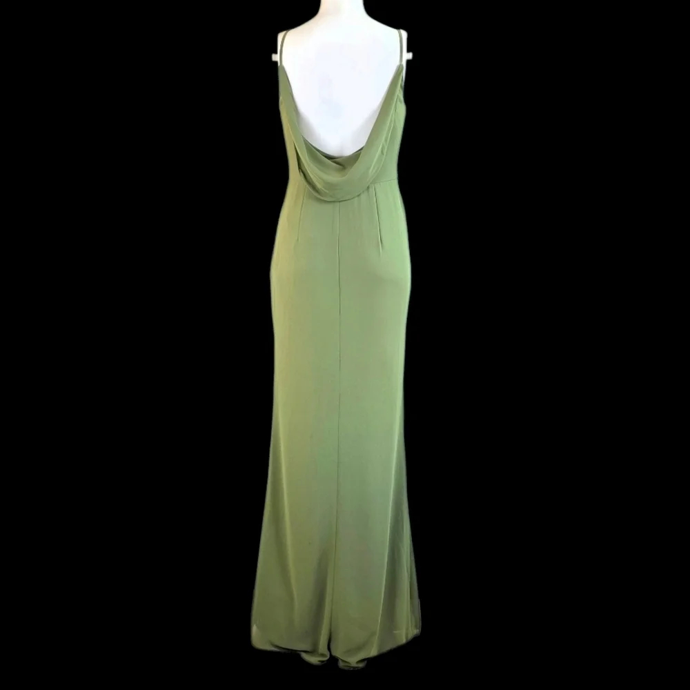 David's Bridal Chiffon Cowl Back V-neck Sheath Dress Martini Olive Color - Picture 7 of 14